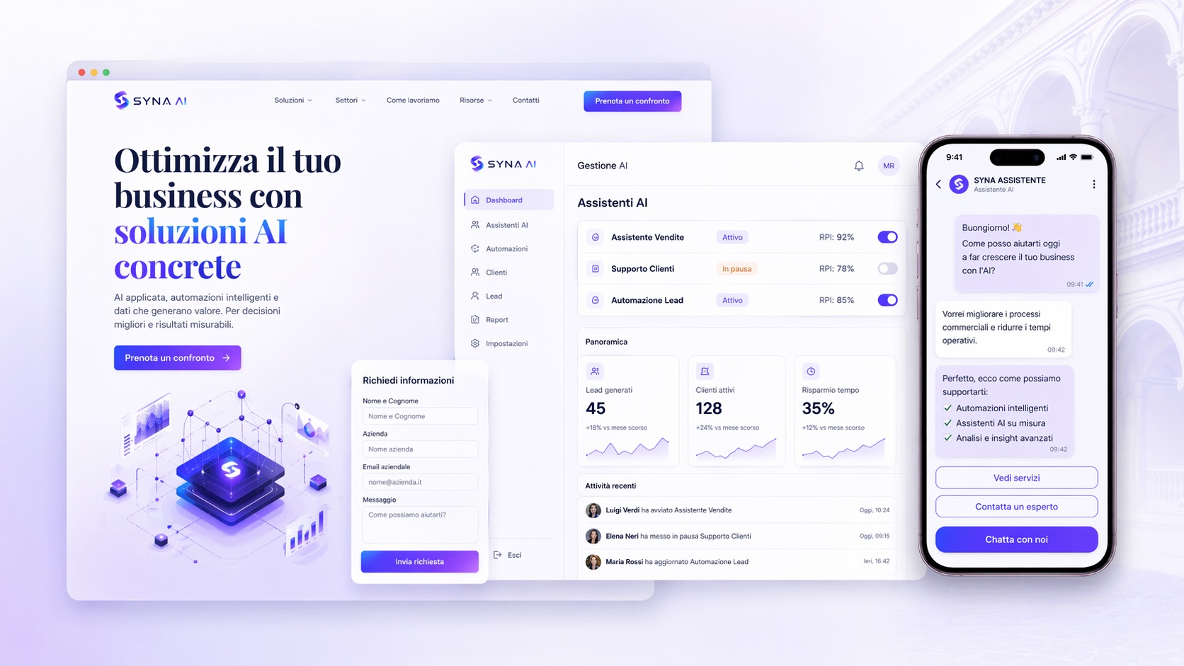 Dashboard SYNA AI — esempio di dipendenti digitali e soluzioni di intelligenza artificiale per piccole e medie imprese in Italia